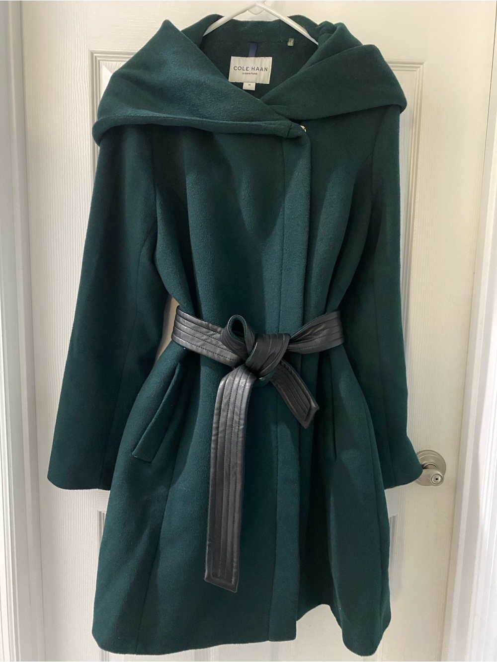 Cole Haan Deep Green Hooded Wool Coat with Black Belt 💚 Petroleum